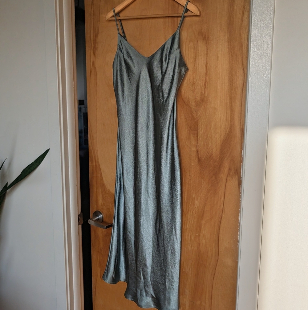 OAK + FORT Silk-Feel Slip Midi Dress in Sage Green